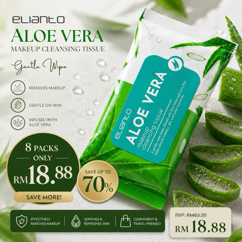 Elianto (MINI) Tisu Pembersih ALOE VERA/TEH HIJAU (10 Sheets, Makeup Remover, Moisturising, Senang Tanggal) | {Elianto MINI Cleansing Tissue}