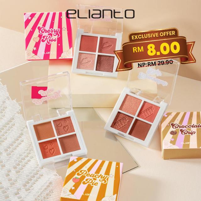 Elianto Palet Pembayang Mata (Chocolate Chip, Cherry Kiss, Peachy Pie) Color Trendy, Makeup, Pigmented, Nude, Shimmer | {4 Color Eyeshadow}