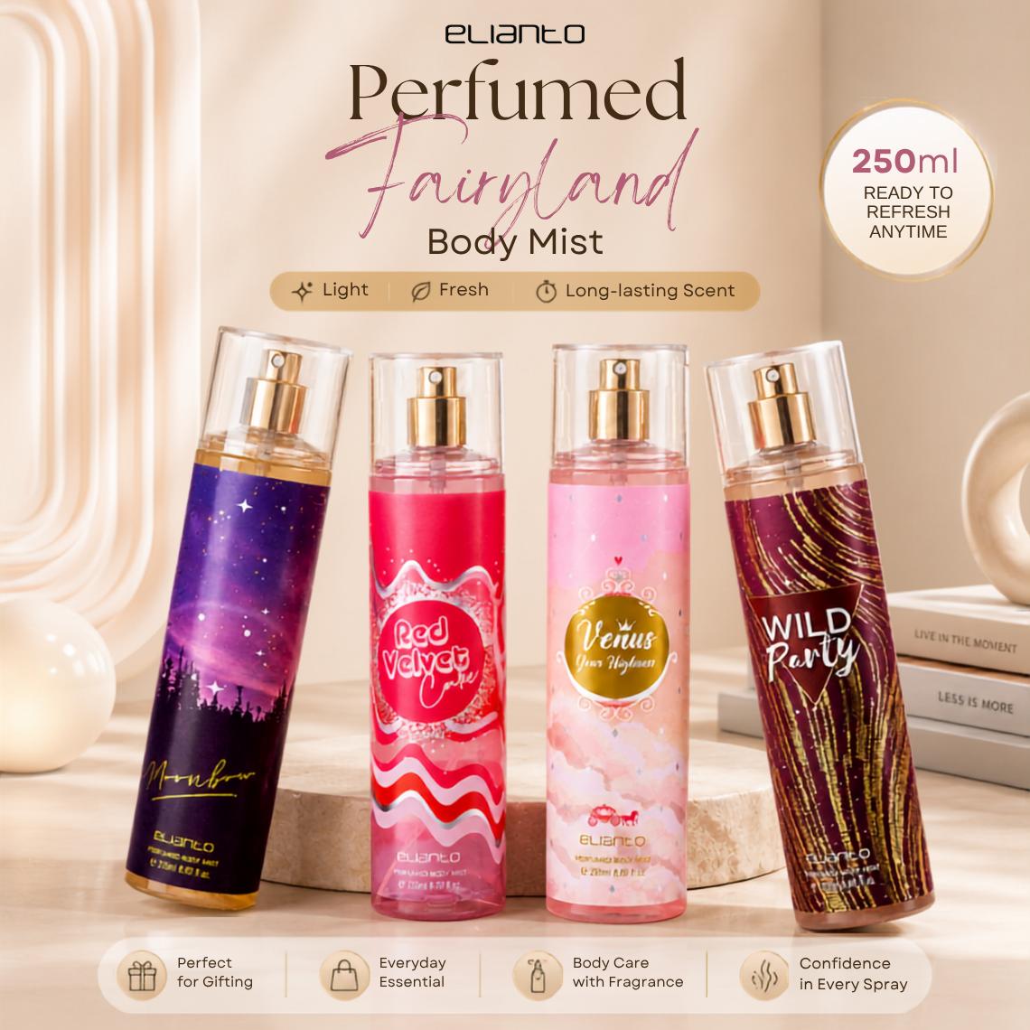 Elianto Fairyland Semburan Badan Berharuman (Moonbow, Red Velvet, Your Highness Venus, Wild Party) Spray, Layering, Botol Besar, Moisturizers| {Elianto Perfumed Fairyland Body Mist}