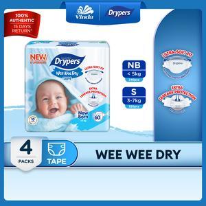[NEW & UPGRADED] Drypers Wee Wee Dry Baby Tape Diapers New Born 60/ S80 (4 Packs) - Gentlest Comfort