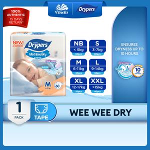 Drypers Wee Wee Dry Baby Diapers NB60/ S80/ M60/ L58/ XL50/ XXL40 (1 Pack) - Super Dry, Soft & Fit