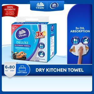 Vinda Deluxe Softpack Kitchen Towel (6x80s) - 3x Oil Absorption, Food Safe, Stronger & More Absorbent