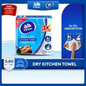 Vinda Deluxe Softpack Kitchen Towel (3x80s) - 3x Oil Absorption, Food Safe, Stronger & More Absorbent