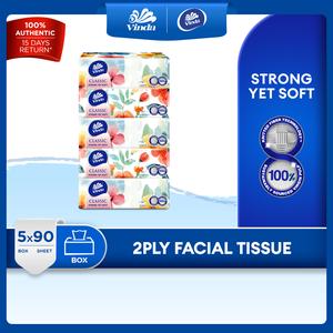 Vinda Classic Box Facial Tissue 2-Ply (5x90s) - Strong Yet Soft, Gentle & Safe On Face
