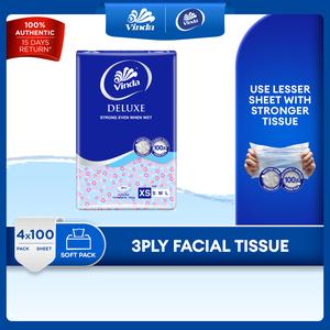 Vinda Deluxe Soft Pack Facial Tissue XS Size (4x100s) - Strong Even When Wet