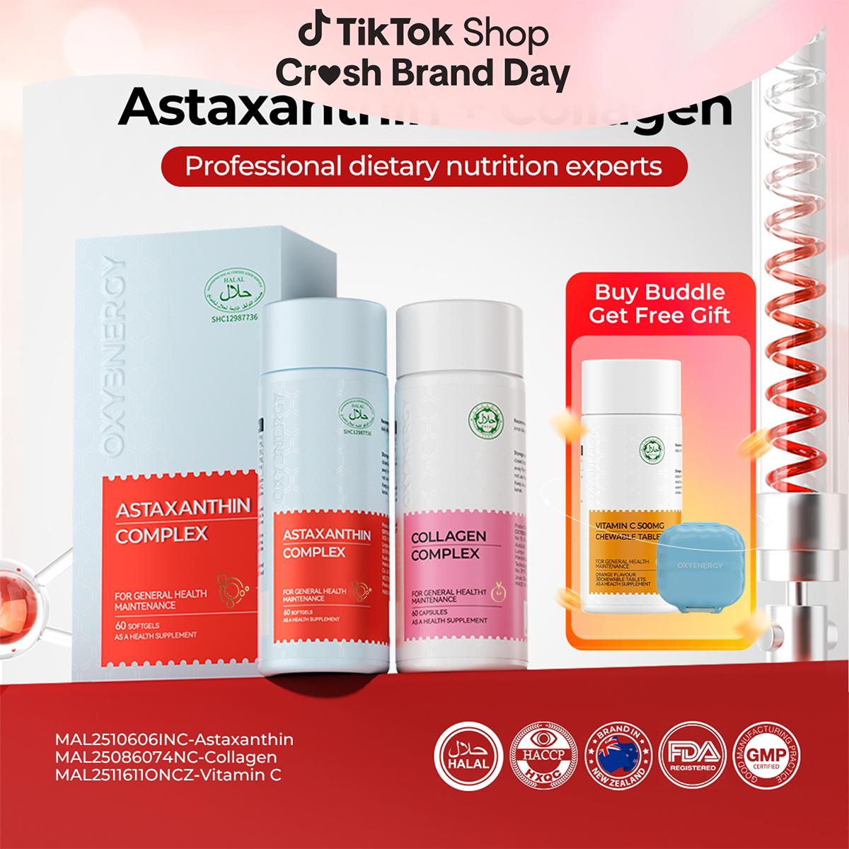 [FREE VC]OXYENERGY Astaxanthin (60's)  + Collagen (60's),Contains Haematococcus pluvialis oil, Astaxanthin,Vitamin E, α-Lipoic acid,Collagen, Sodium Hyaluronate, HALAL, MAL Registered, HALAL, MAL Registered