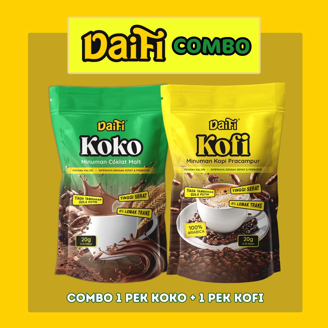[Daifi Combo] 3in1 Minuman Kopi & Koko Sedap Tanpa Tambahan Gula Putih, Rendah Kalori, Diperkaya dengan Fiber, No added sugar
