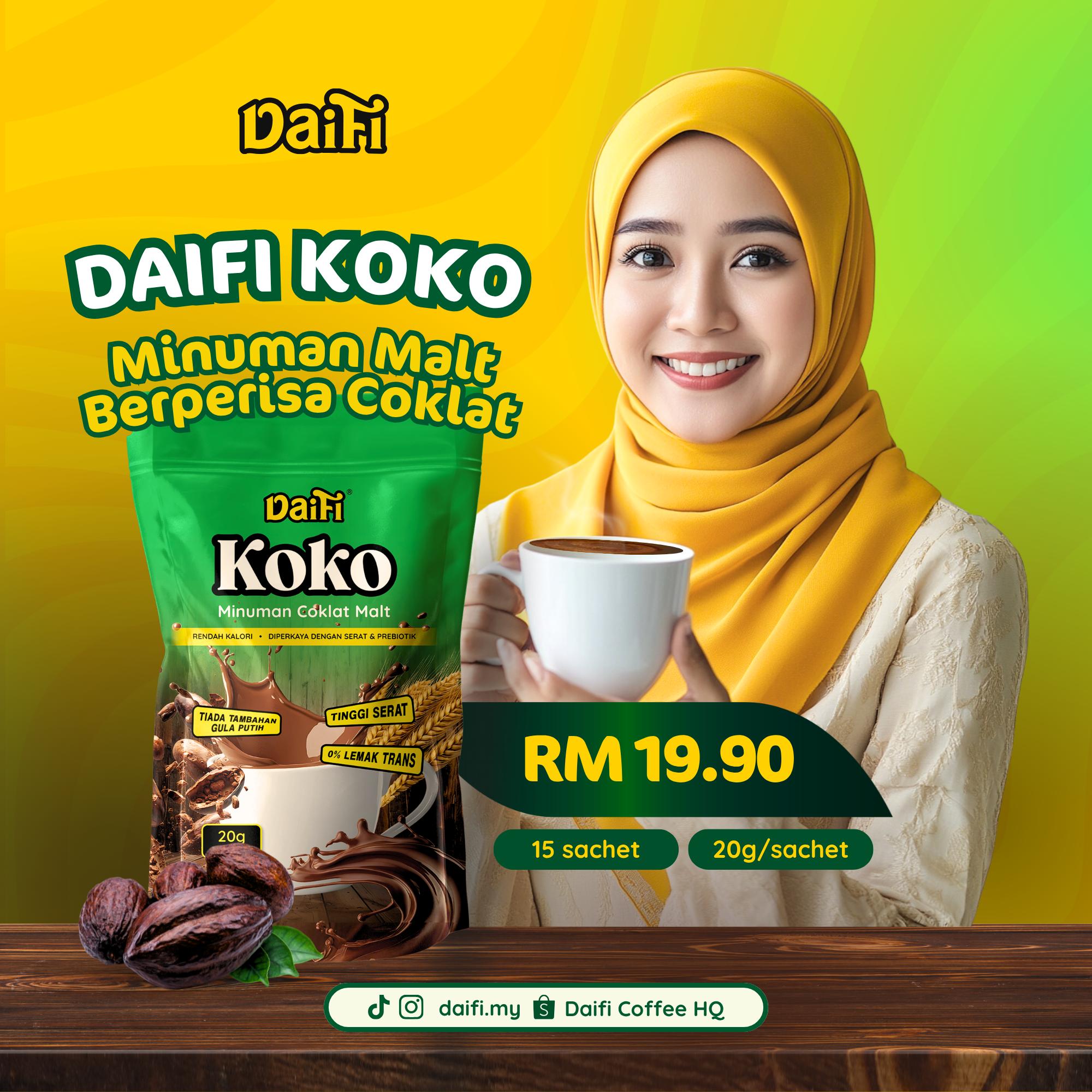 [1 Pek] Daifi Koko 3in1 Minuman Koko Sedap Tanpa Tambahan Gula Putih, Rendah Kalori, Diperkaya dengan Fiber, - No Added Sugar, Low Calorie, High Fibre, Low Sugar, Chocolate Flavor