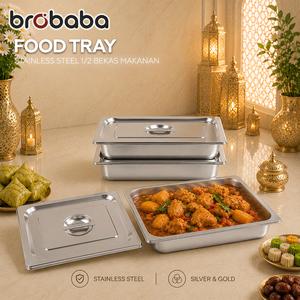 Brobaba Stainless Steel 1/2 Bekas Hidangan dengan Penutup Lutsinar Box With Lid Food Container Kitchen Food Tray