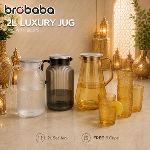 Brobaba 2L Set Jug Air Mewah untuk Minuman Panas & Sejuk Premium Water Jug Set with 6 Cups Kettle Hot & Cold Water Jug