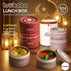 Brobaba Kotak Makan Tengah Hari Bekas Makanan Tahan Panas Insulation Lunch Box Microwave Safe Portable Rice Container 304 Stainless Steel Microwave Heated Office Lunch Box