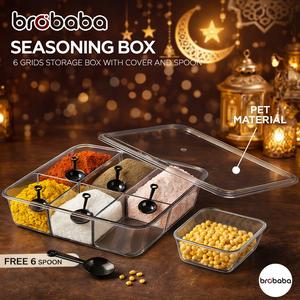 BROBABA Bekas Simpanan Perasa 6 Ruang Lutsinar Dengan Penutup Bekas Buah-Buahan 6 Grids Seasoning Storage Box Transparent Container