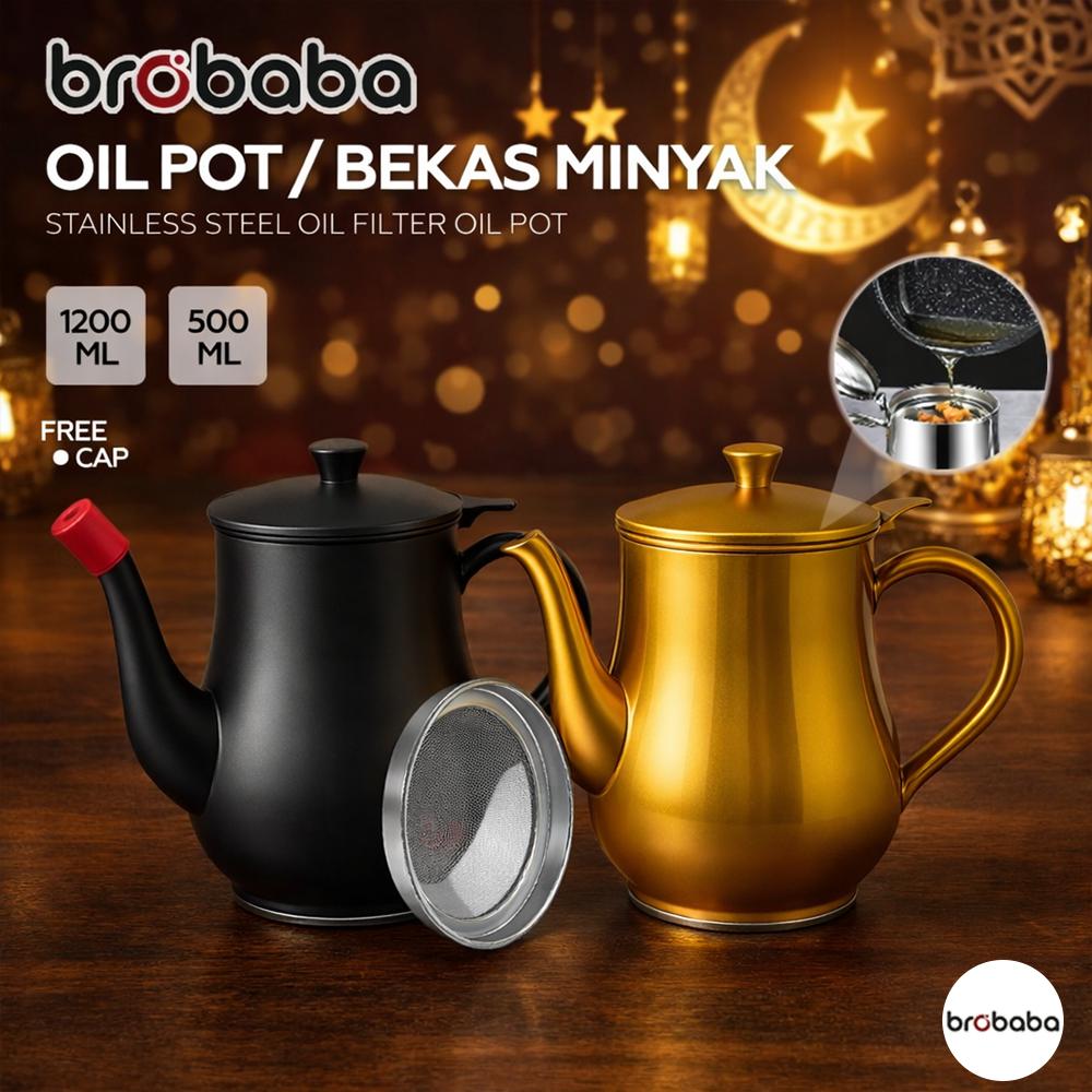 Brobaba 1200ML Bekas Minyak Keluli Tahan Karat dengan Penapis Minyak Stainless Steel Oil Filter Pot Oil Storage Pot Container