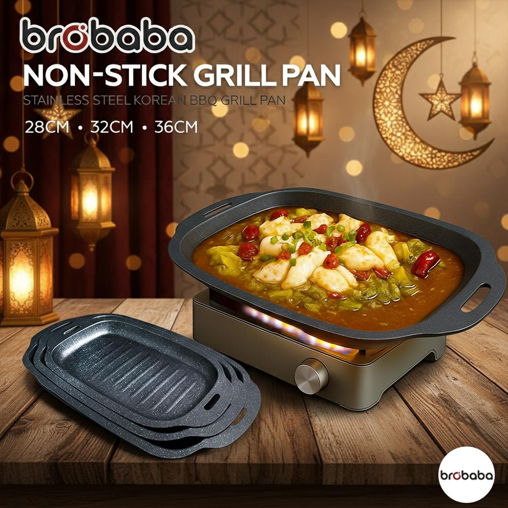 Brobaba UPGRADED THICK Non-Stick Material Korean BBQ Grill Pan Bakar Ikan Camping Grill Pan Griddle Grill Pan | Kuali Pemanggang BBQ Korea Tidak Melekat