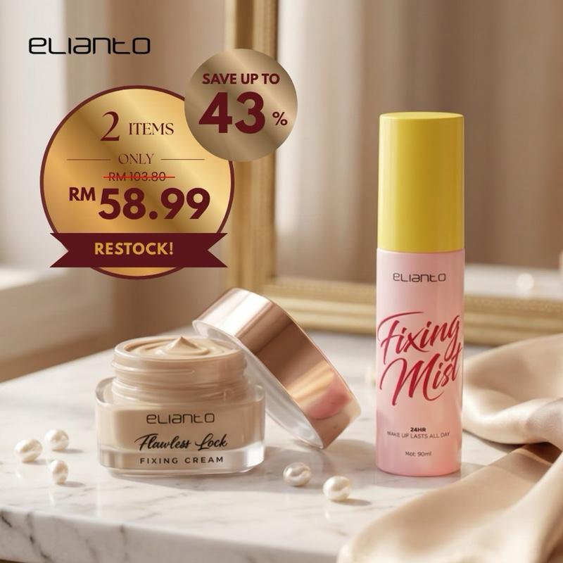 Elianto Flawless Lock Fixing Cream Foundation + Makeup Fixing Mist (Makeup Tahan Lama/waterproof/Anti Crack)