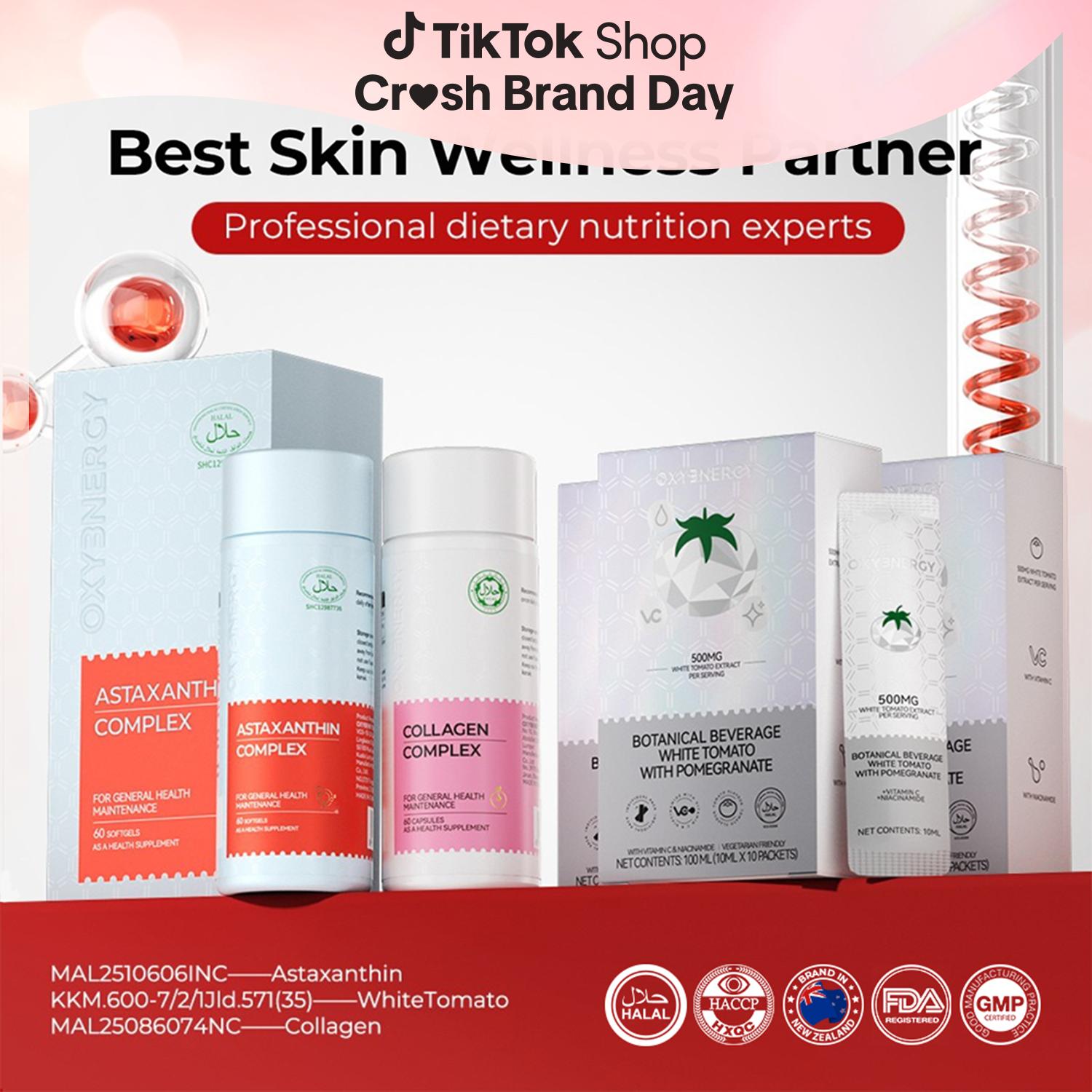 KKM OXYENERGY OXYENERGY Astaxanthin (60's)+Collagen(60's)+White Tomato Drink (10'sx3pcs),Triple Glowing Combo, Skin Supplement, HALAL, MAL Registered