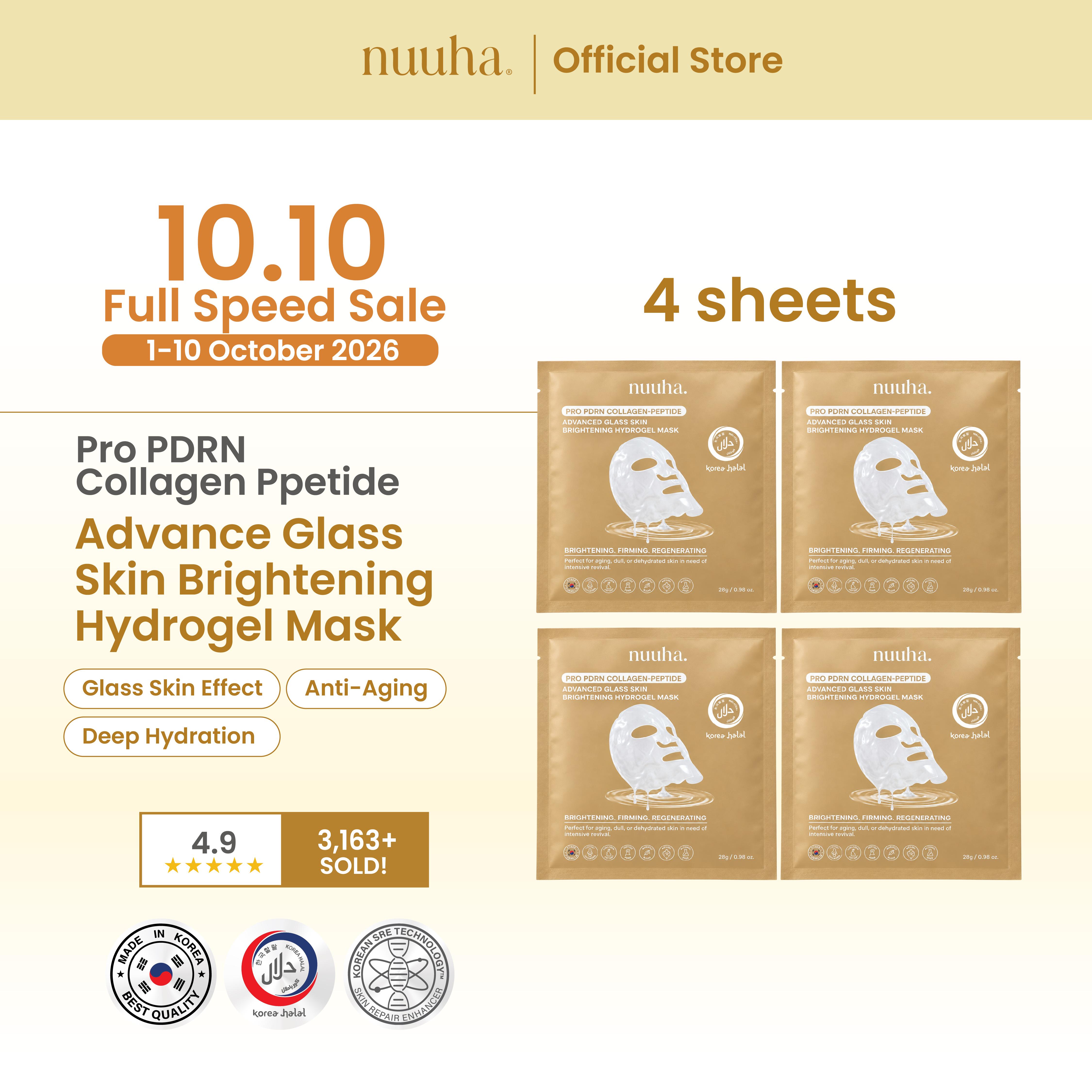 (4 pieces) NUUHA BEAUTY Pro PDRN Collagen-Peptide Advanced Glass Skin Brightening Hydrogel Mask Bundle