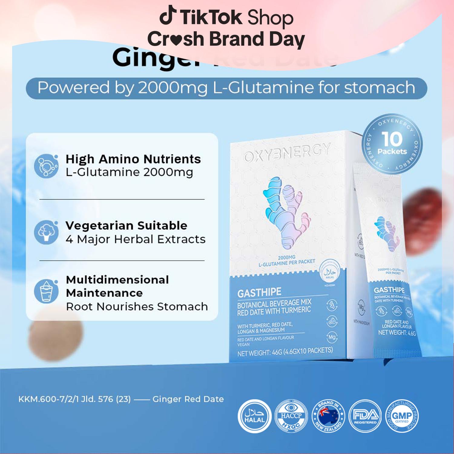 OXYENERGY Ginger Red Date 4.6gx10's, 50mg Turmeric, Red Date & Longan Flavor, 2000mg Glutamine, Prebiotics, Magnesium, Gum Arabic, For Gastric Supplements, Vegetarian Suitable, HALAL, KKM Food Approved
