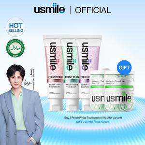 [BUY 3 GET 5] usmile Oral Care Set | 3 Fresh White Toothpaste 110g (All Flavour) + 2 Twin-Line Dental Floss | Fresh & Bright by day | Enamel Repair at Night | Teethwhitening | Brightening| Fresh Breath | Halal