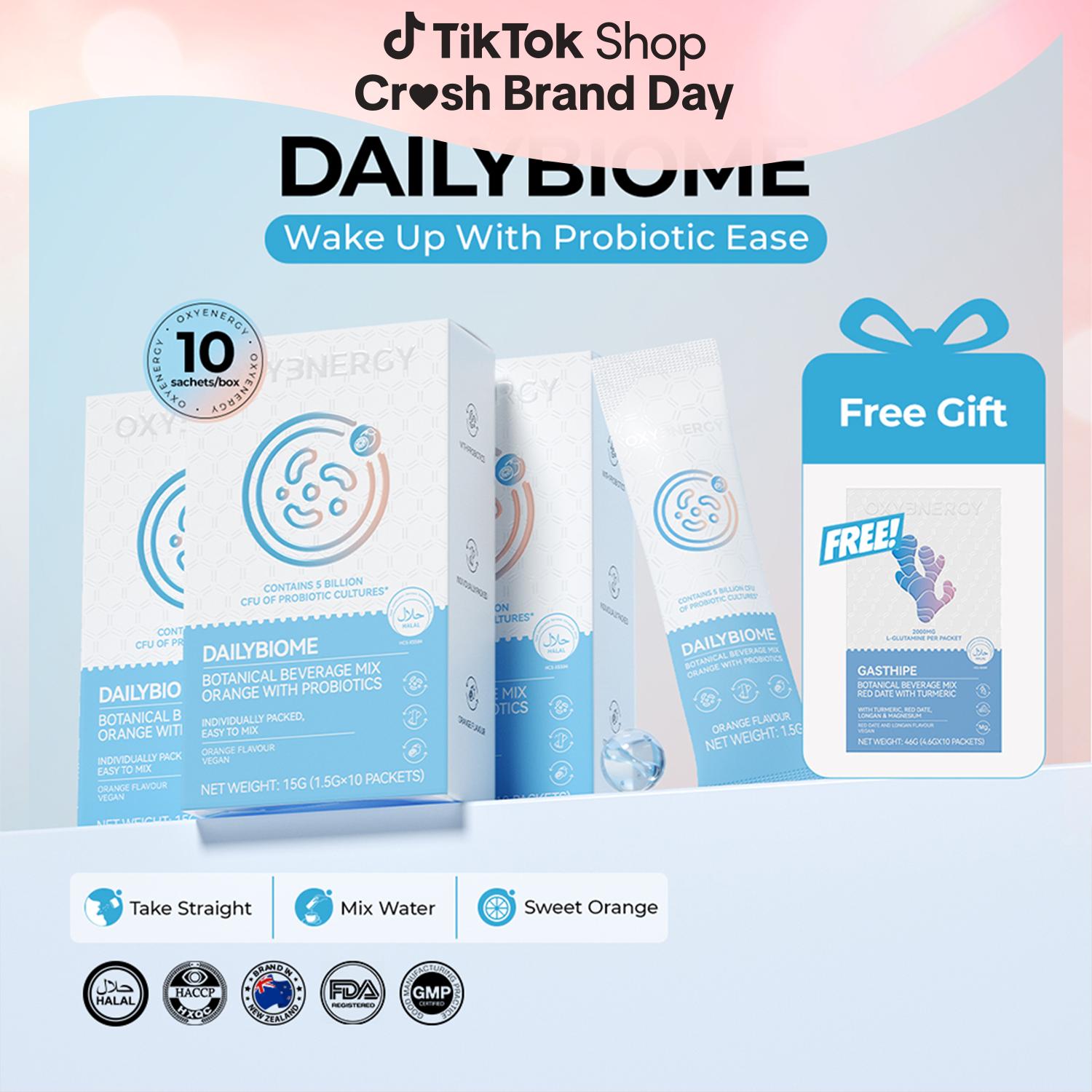 14-Day Gut To A Happier Gut | OXYENERGY DailyBiome Probiotics + Prebiotics - 3 Clinically-Studied Strains HN019/HN001/LA-14, 50B CFU/Box, 5B CFU/Sachet, Orange Flavor, KKM HALAL Certified, 10 Sachets/Box