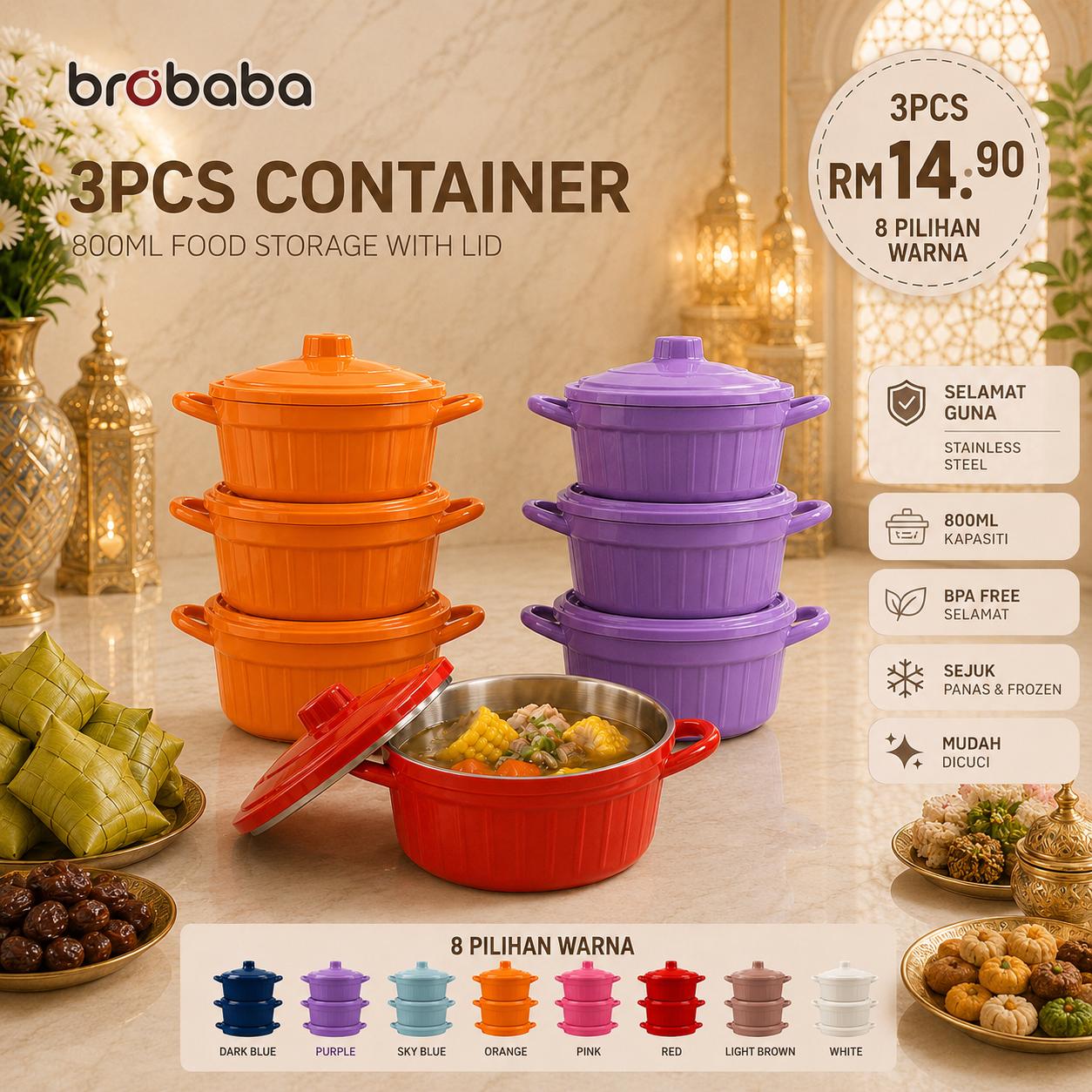 BROBABA 800ML Stainless steel Food Container Round Classis Bowl Bekas Kuih Raya Food Storage Box Bekas Simpanan Makanan