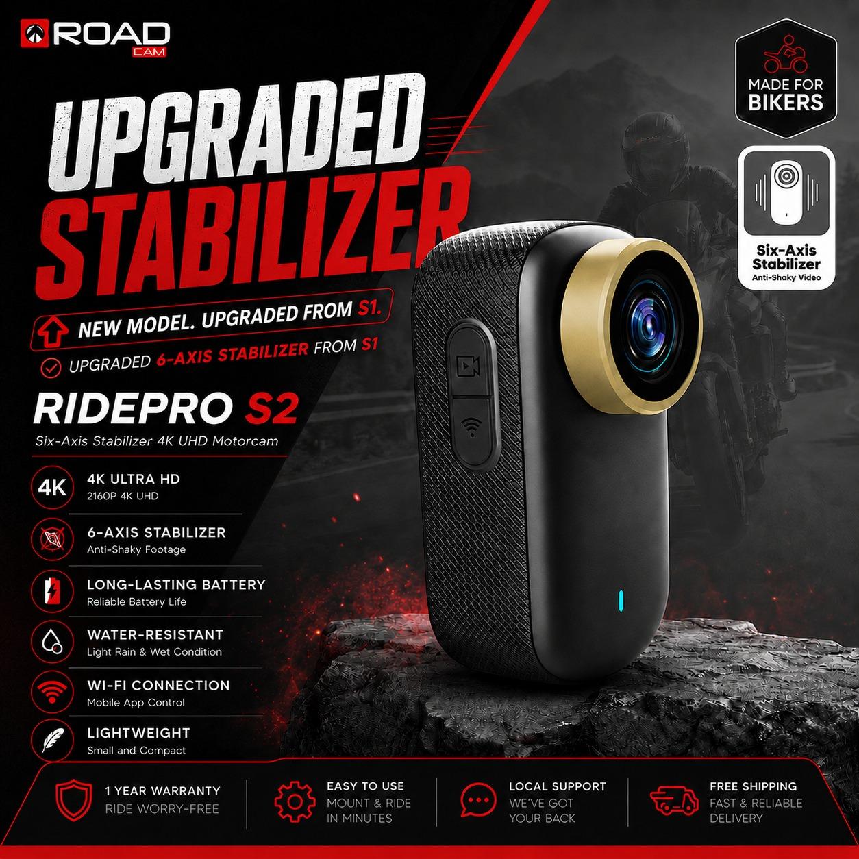 (Upgraded Stabilizer) ROADCAM RidePro S2 4K UHD Motorcam Body Cam POV cam | Upgraded 6-Axis Stabilizer, Anti-Shaky Recording, WiFi App, Long Battery, Water-Resistant Motorcycle Camera