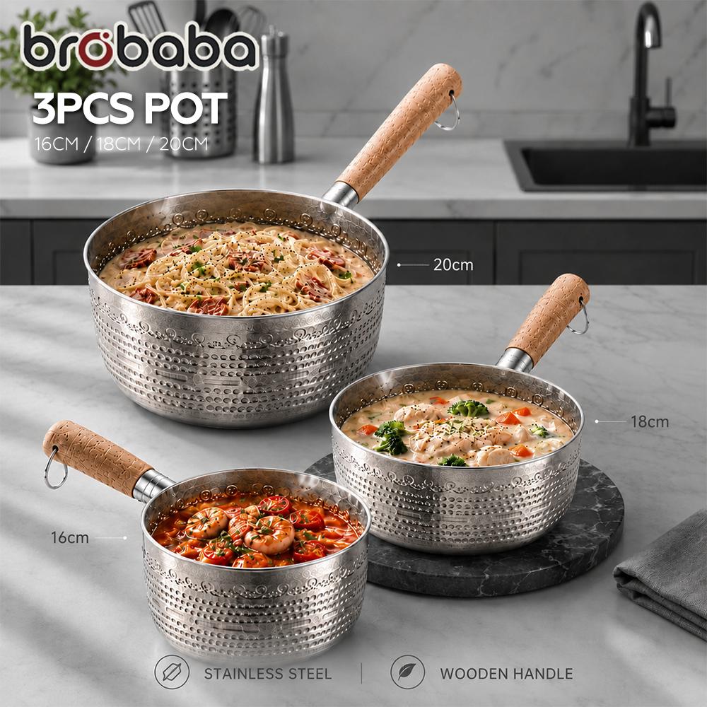 BROBABA Stainsless steel 3pcs Sauce Pan With Wooden Handle / Keluli tahan karat KUALI bulat sup kari