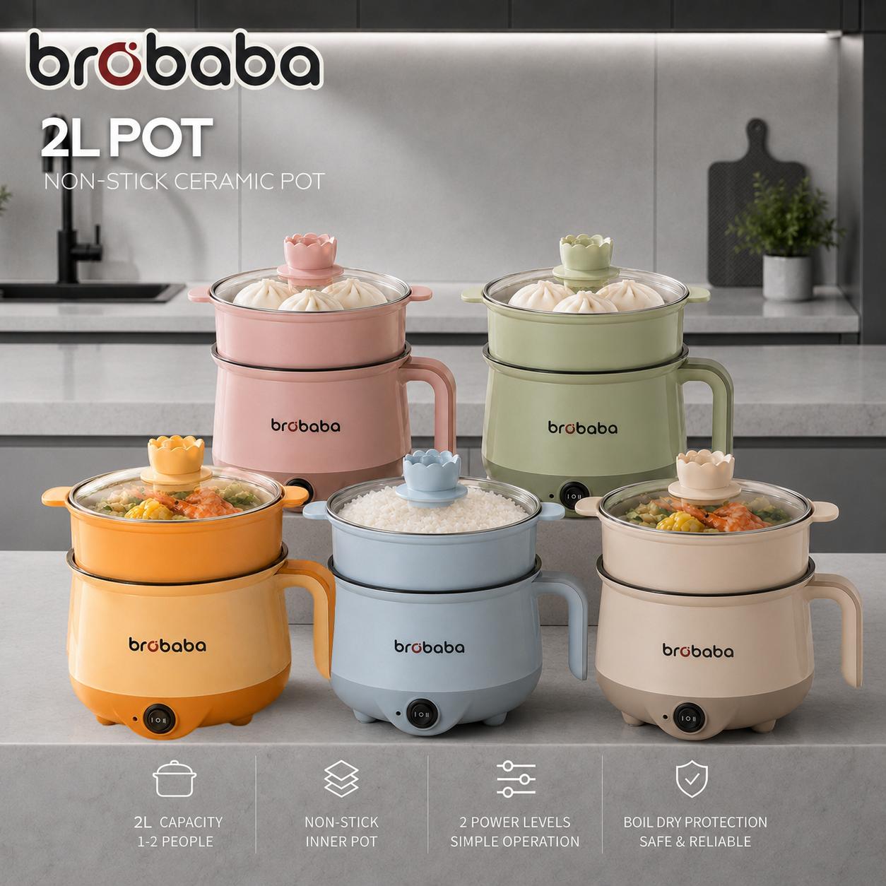 BROBABA New 2L Periuk Nasi Non Stick Electric Pot / Mini Rice Cooker With Steamer Frying Pan Electric Cooker Cooking Pot Kitchenware