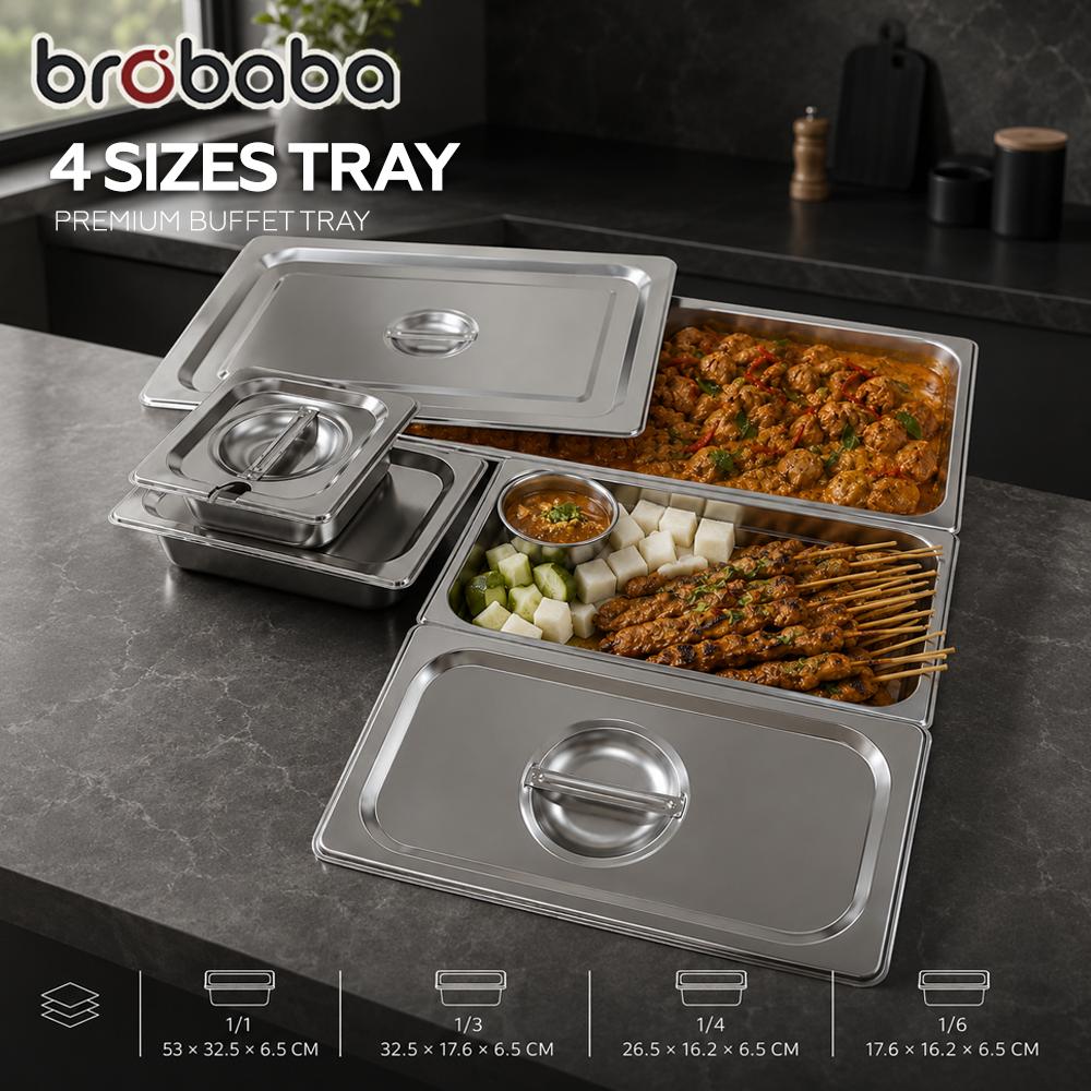 Brobaba Stainless Steel 4 Sizes Buffet Tray Bekas Hidangan dengan Penutup Lutsinar Box With Lid Food Container Kitchen Food Tray
