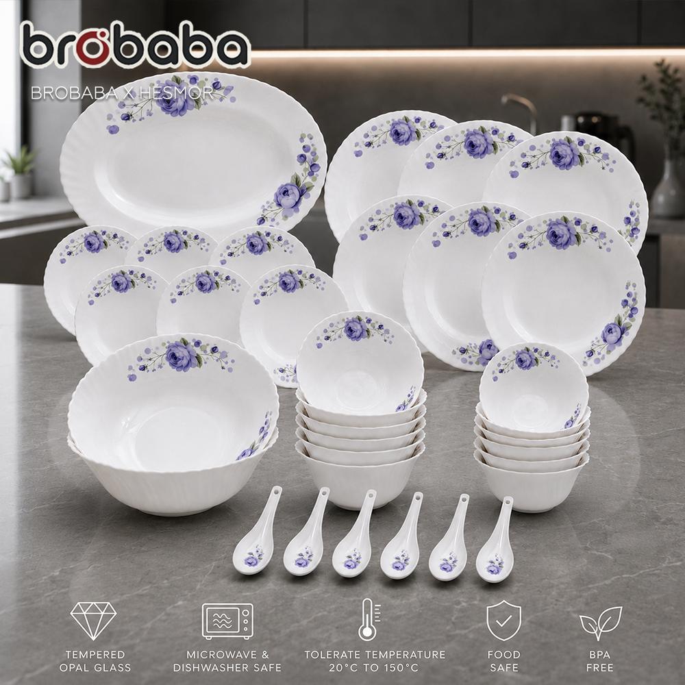 BROBABA x HESMOR 33PCS Camellia Vintage Style Tempered Opal Glass Dinnerware Dinner Set Ceramic Plates Bowl Pinggan Mangkuk Kaca Set Raya Opal Kaca