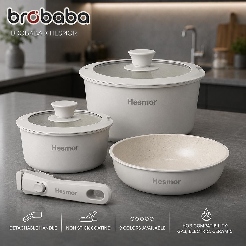 BROBABA x HESMOR 6PCS Detachable Handle Cookware Set Periuk Dapur Modern Non Stick Ceramic Coating Pot Cookware Non Stick Coating Pan
