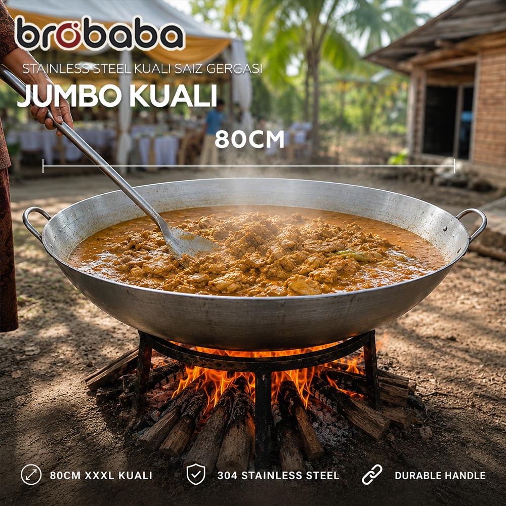 BROBABA 80CM Kuali Goreng XXL Heavy Duty Wok Stainless Steel Wok with Strong Handle Kuali Besar Jumbo Size Kuali Berniaga Kenduri, Catering, Pasar Malam, Restoran Goreng Ayam, Masak Kuantiti Besar