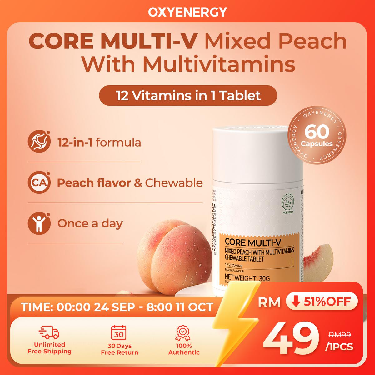 OXYENERGY Mixed Peach Multivitamins Chewable Tablet 60's | 12 Vitamins for Energy, Immunity & Daily Wellness | Vitamins A C D E + B1 B2 B6 B12 + Niacin + Folic Acid + Biotin + Pantothenic Acid | Easy Chew,Peach Flavor,Daily,Family Friendly | HALAL KKM