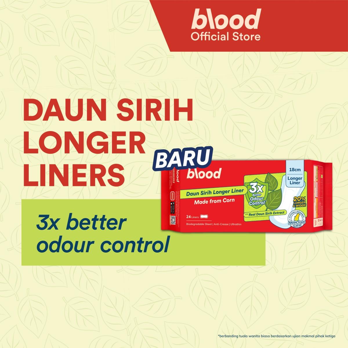 Blood Daun Sirih Longer Liner 18cm | 3X Odour Control | Antibacterial | Hypoallergenic Corn Topsheet