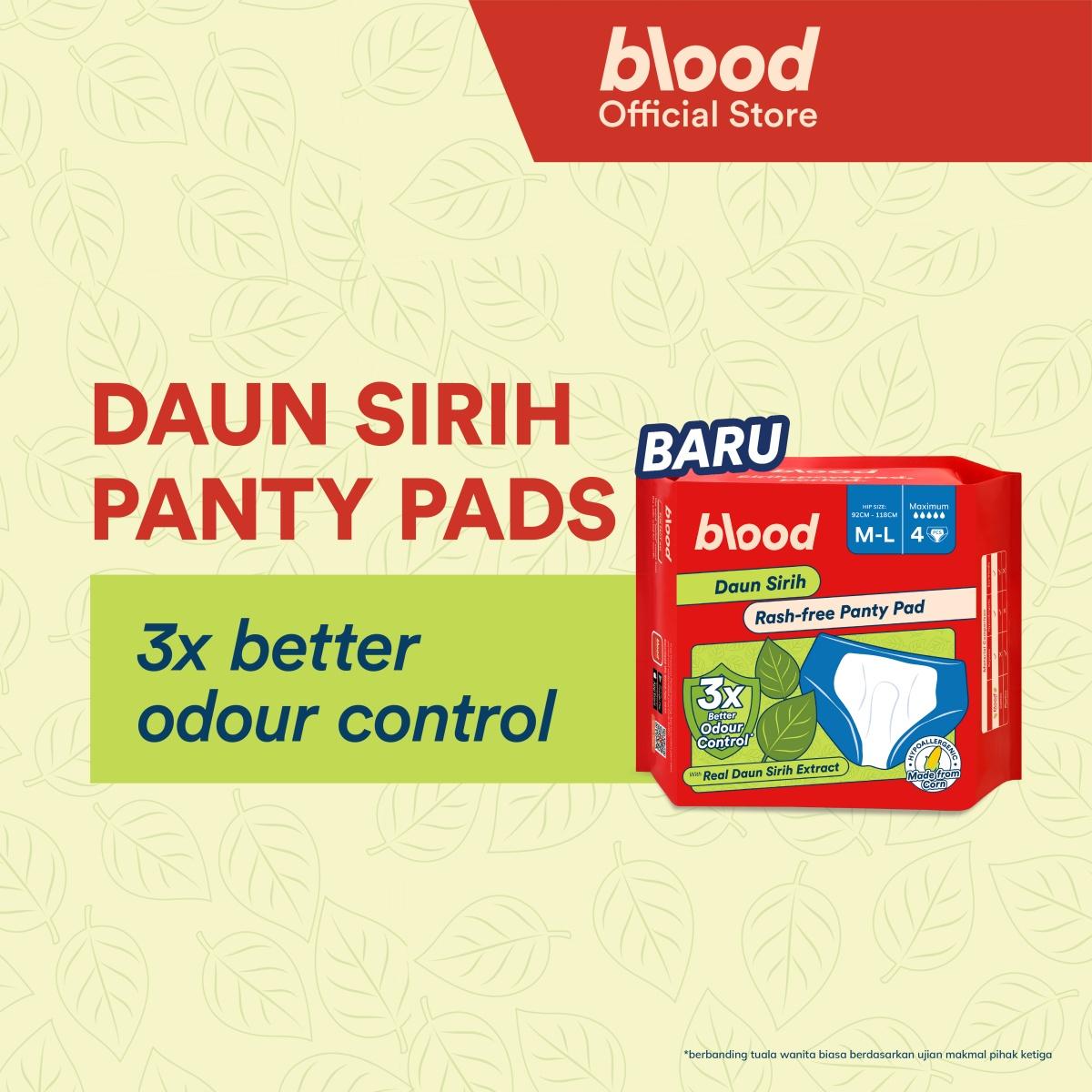 Blood Daun Sirih Panty Pad (M-L) | 3X Odour Control | 360° Leak Protection | Hypoallergenic Corn Topsheet