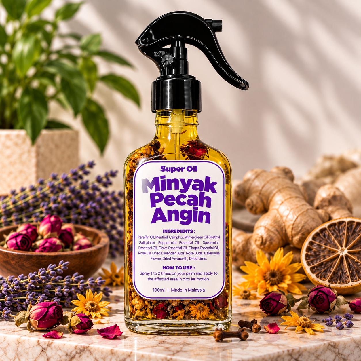 Minyak Pecah Angin 100ml Super Oil | Cooling Massage Oil | Peppermint & Ginger Oil | 5 Dried Flowers