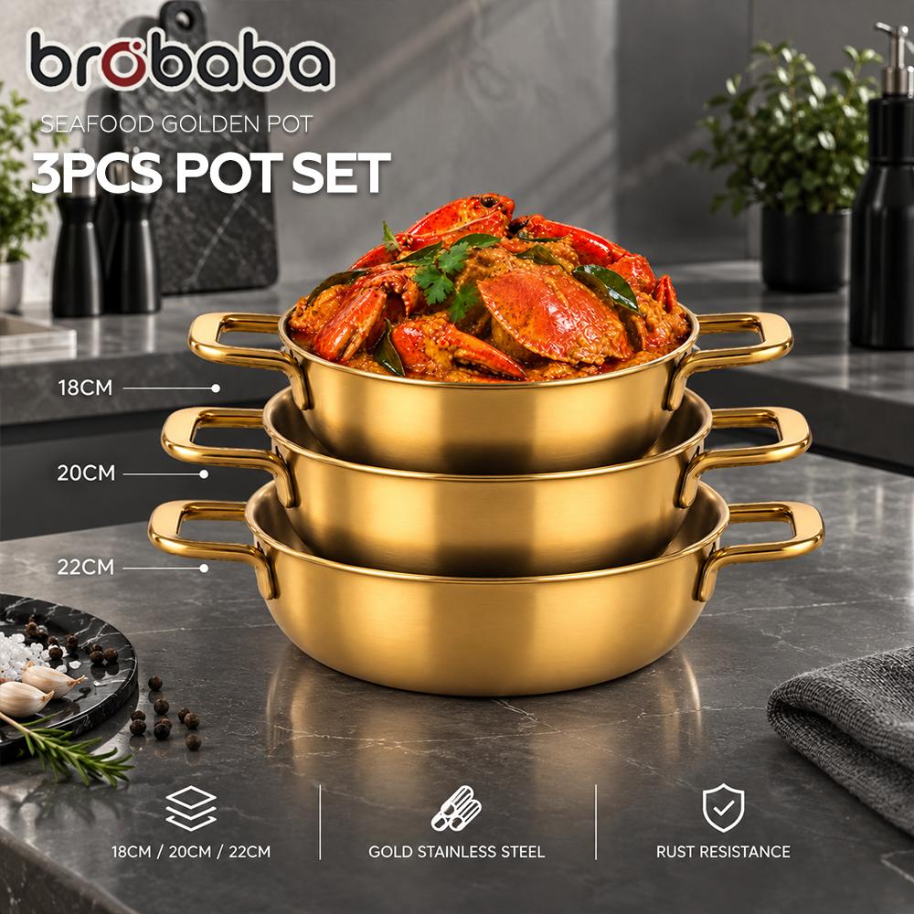 BROBABA 3IN1 Set Periuk Makanan Pot Stainless Steel Korean Style Ramen Pot Golden Seafood Pot with Double Handle Set 3Dalam1 Periuk Makanan