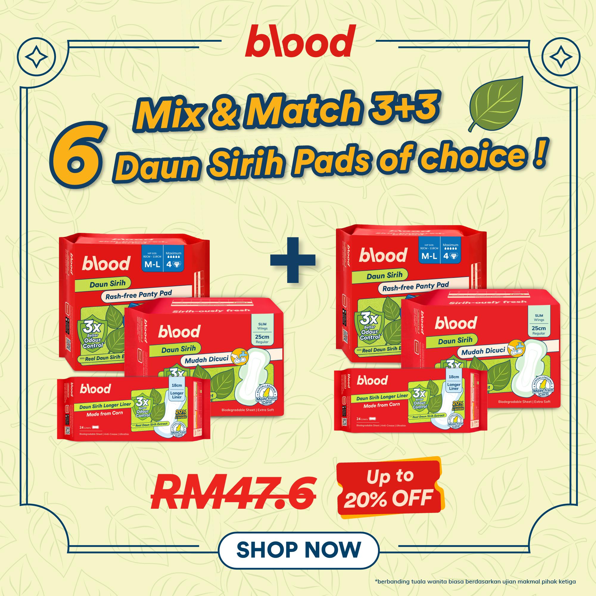 [3+3 Bundle] BLOOD Corn Pad Daun Sirih – 3X Kawalan Bau | Mix & Match 6 Pads Any Size