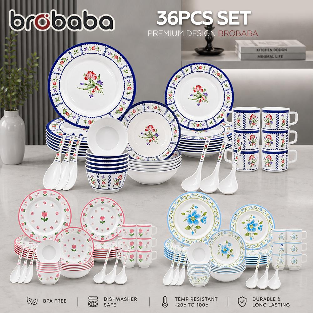 BROBABA 36pcs Set NEW Melamine Pinggan Piring Mangkuk Corak Bunga Premium Dinnerware Dining Set Floral Melamine Plate Bowl Durable Home Dining Kitchen Tableware
